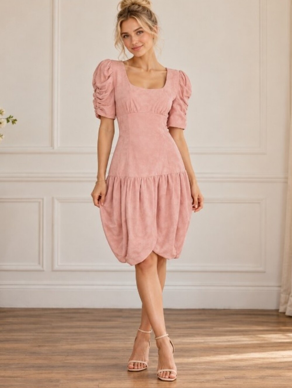 Vintage Jayna New York Pink Suede Puff Sleeve Tulip Hem Dress Made in USA XS/S